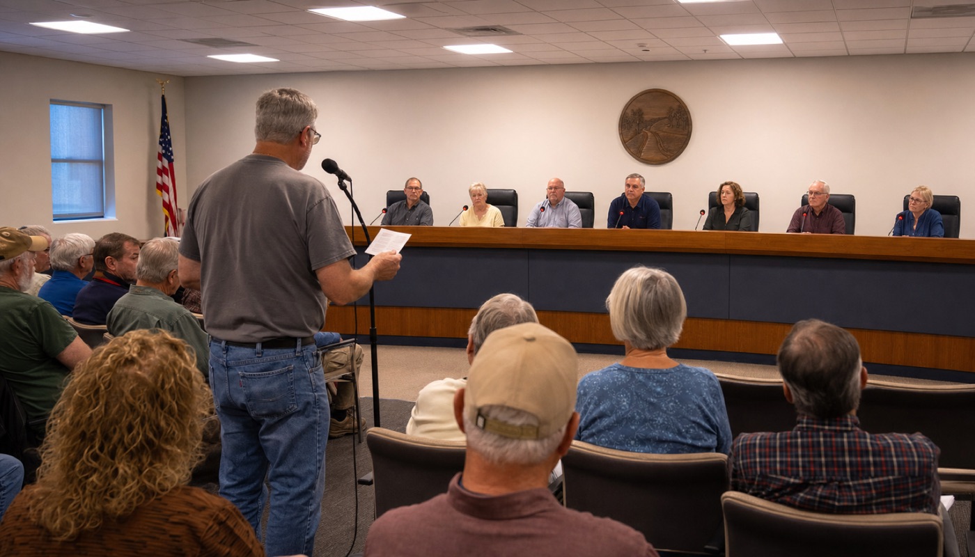 A resident speaking at the microphone. The council voting nine to nothing.