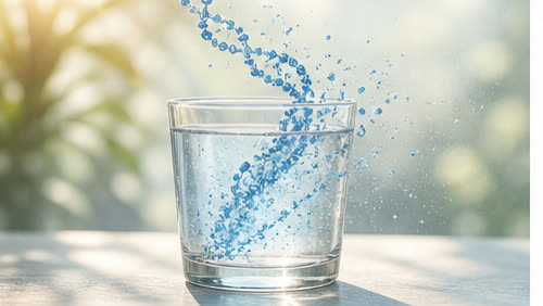 Blue liquid swirling into a glass of water