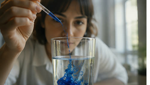 A few drops of a bright blue liquid in a glass of water.