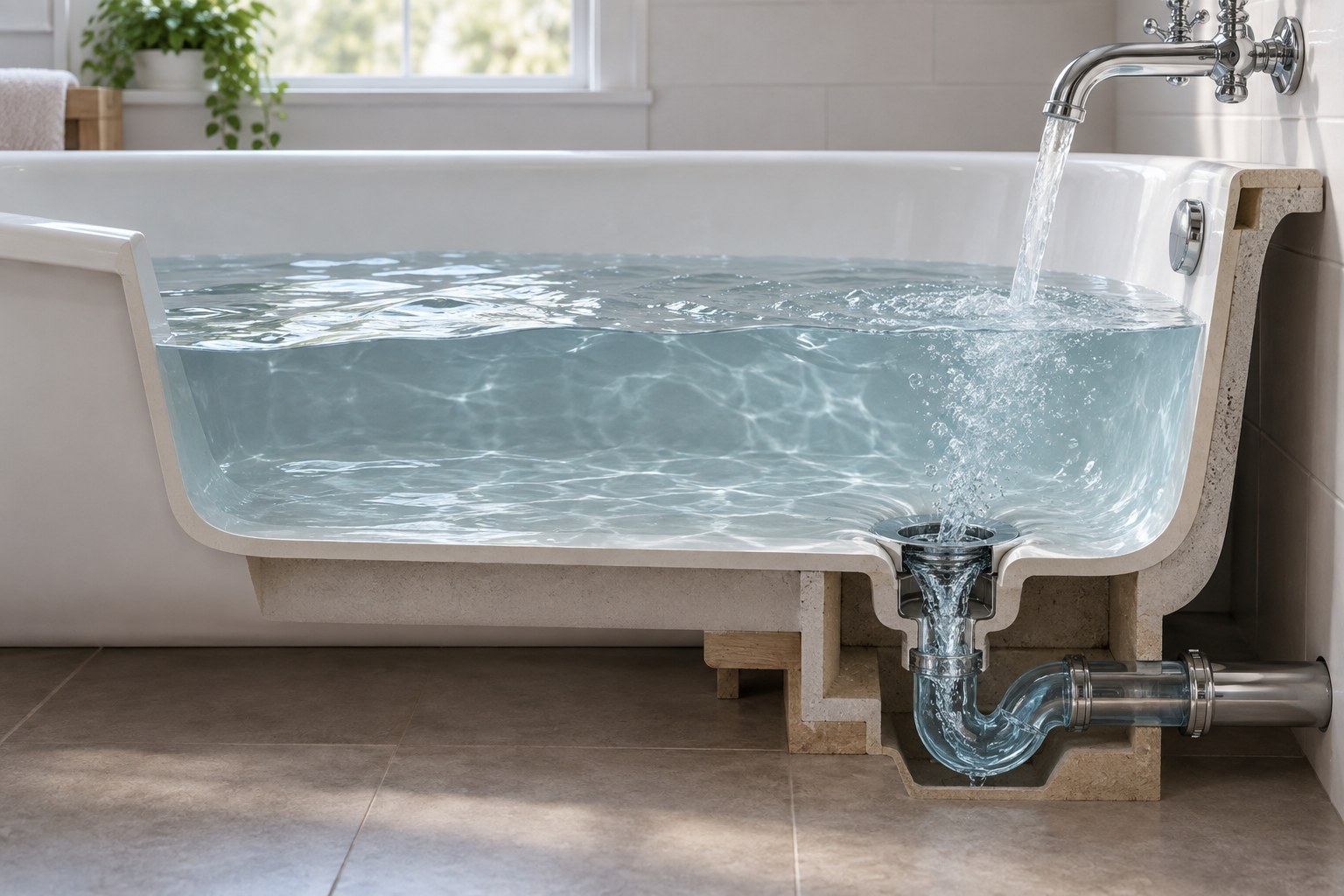 A bathtub with water pouring in from a faucet and draining out a pipe