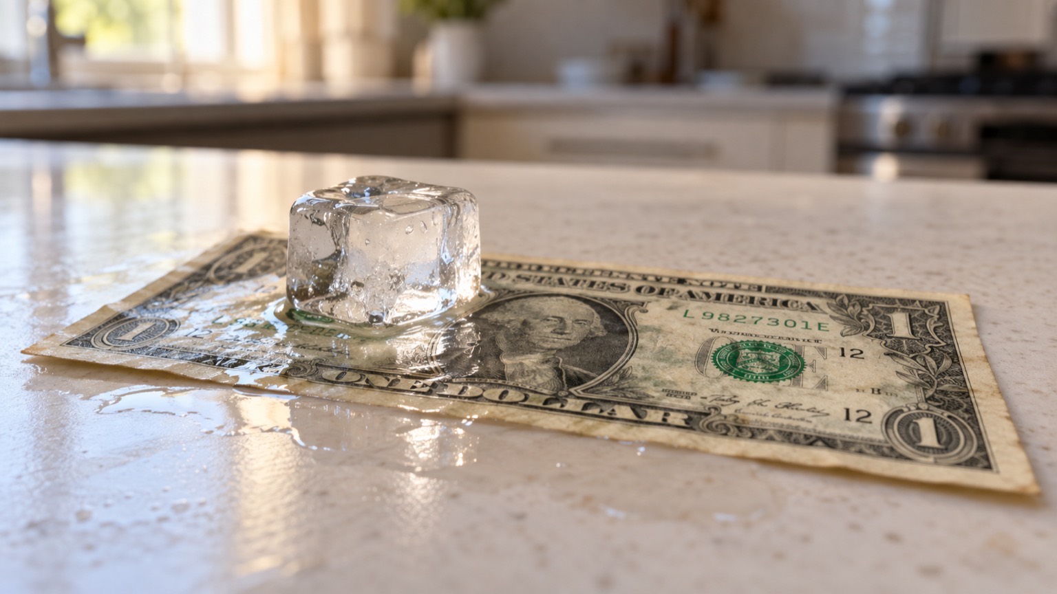 An ice cube melting on a kitchen counter next to a paycheck