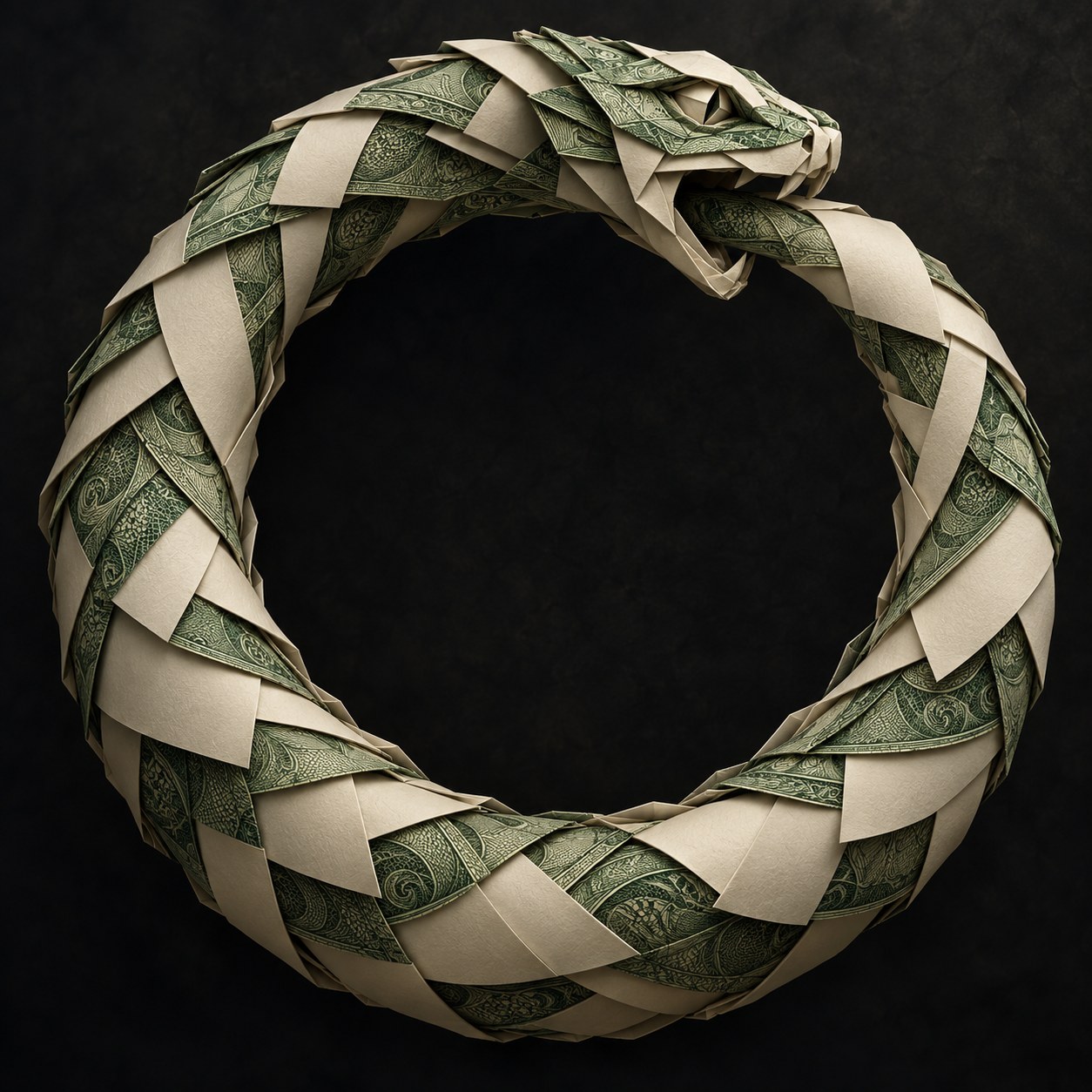 A snake made of dollar bills and IOU paper eating its own tail