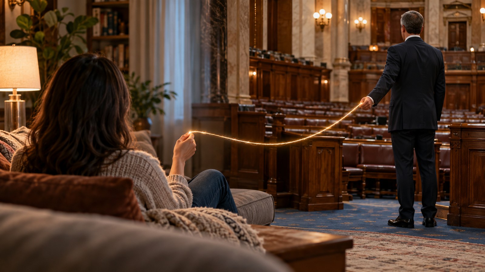 A person at home connected by a thread to a politician in a legislature chamber
