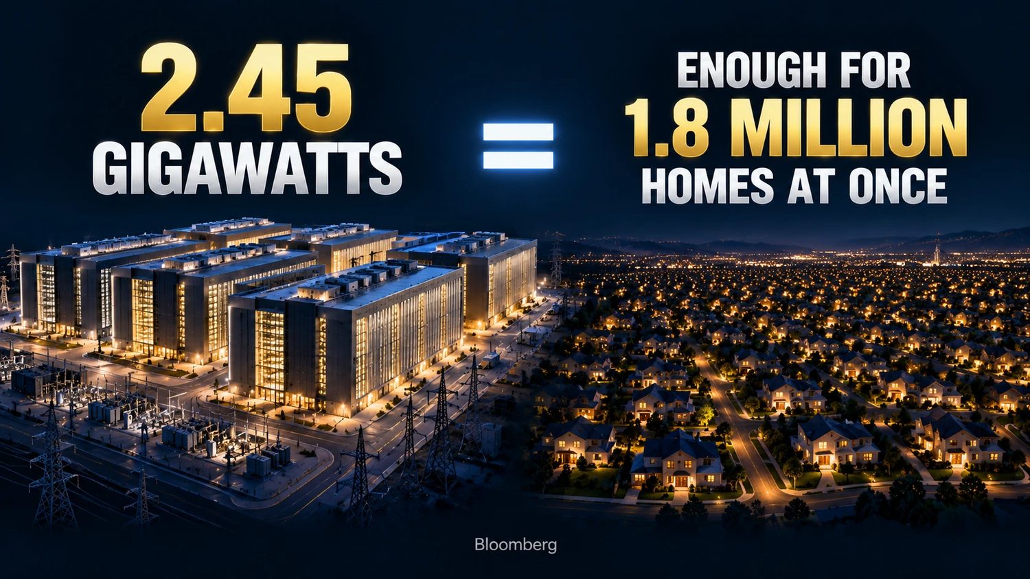 Four giant buildings lit at night beside a city of lit houses, with the words 2.45 gigawatts equals 1.8 million homes at once.