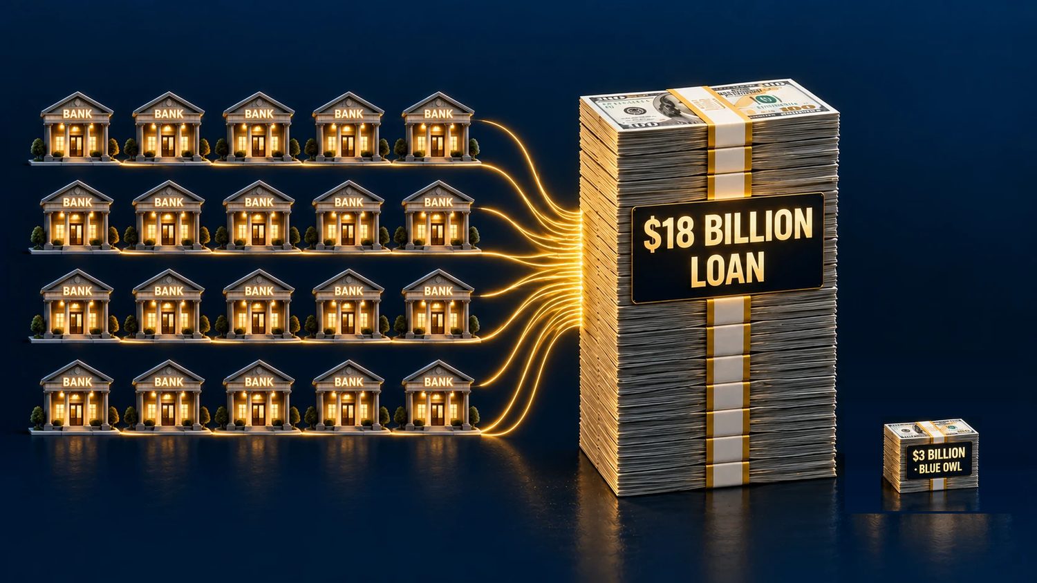 Twenty bank buildings feeding a tall stack of cash labeled 18 billion dollar loan, with a much smaller stack labeled 3 billion Blue Owl.