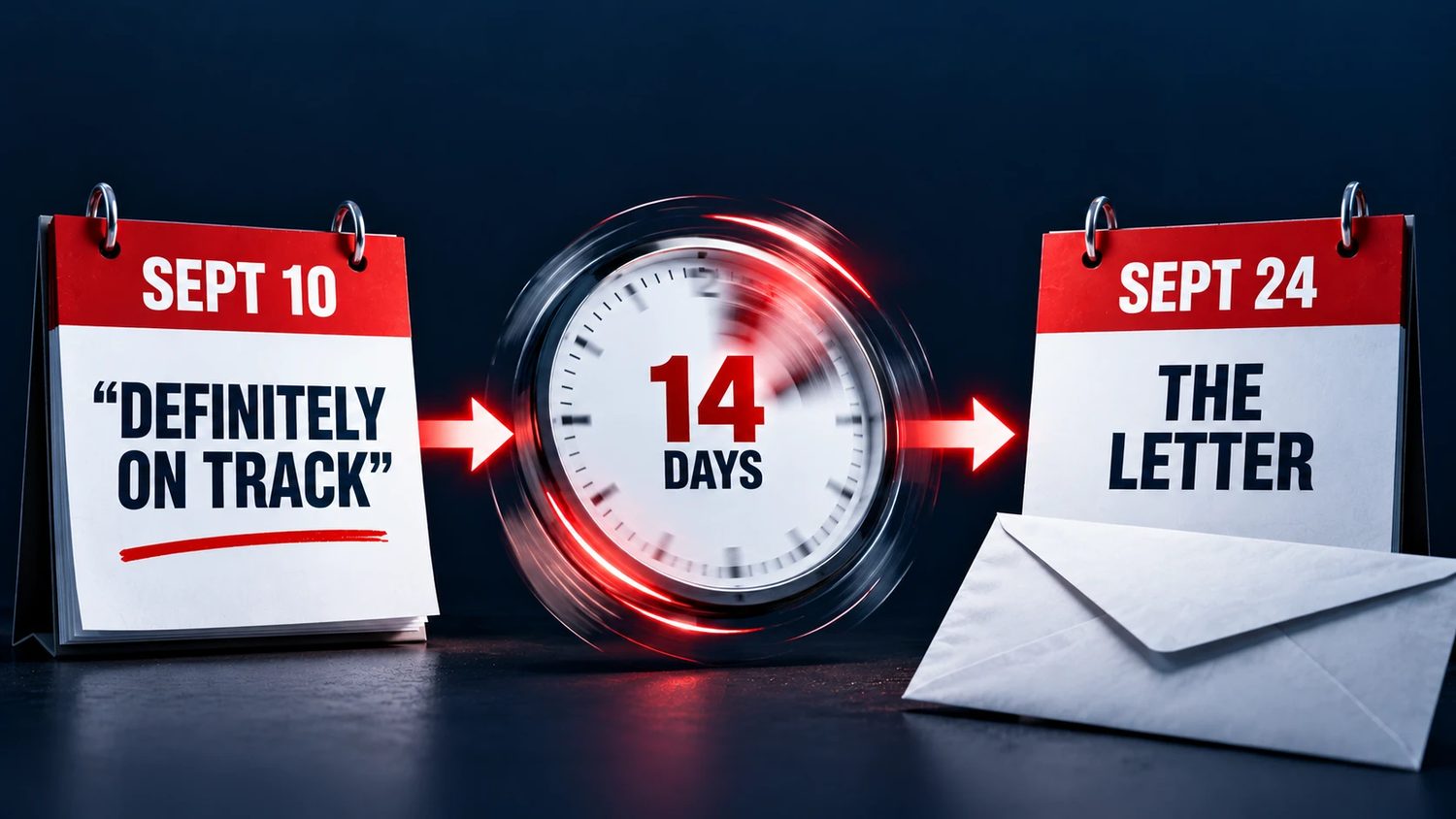 A calendar page Sept 10 definitely on track, a clock reading 14 days, and a calendar page Sept 24 the letter.