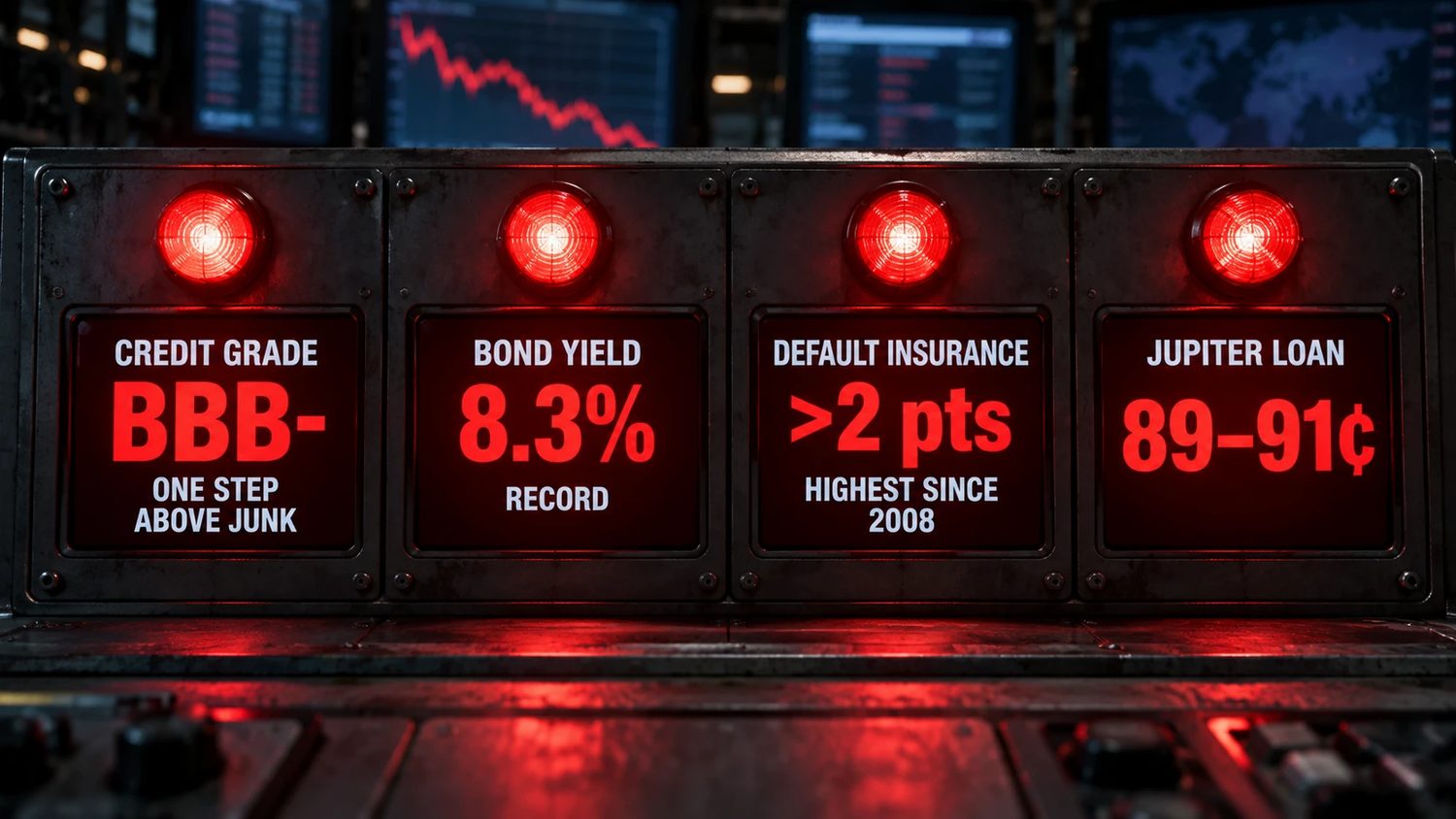 A dashboard of four red lights: credit grade BBB-minus, bond yield 8.3 percent, default insurance above 2 points, Jupiter loan 89 to 91 cents.