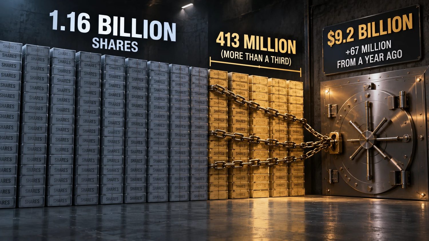 A wall of 1.16 billion shares, with 413 million turned to gold and chained to a bank vault door.