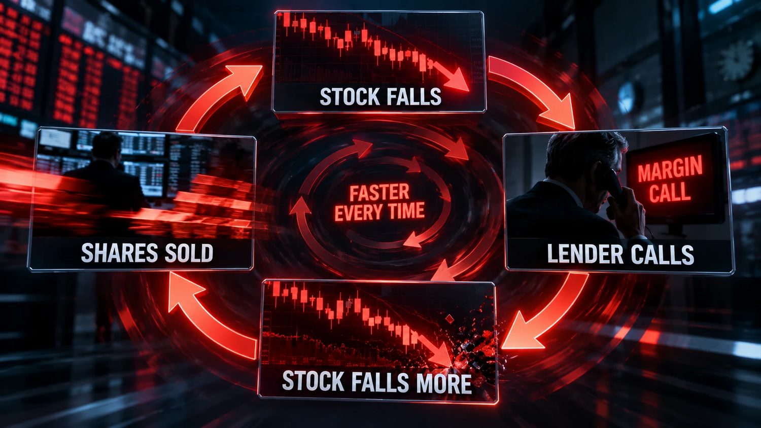A loop of four steps: stock falls, lender calls, shares sold, stock falls more, each one feeding the next.