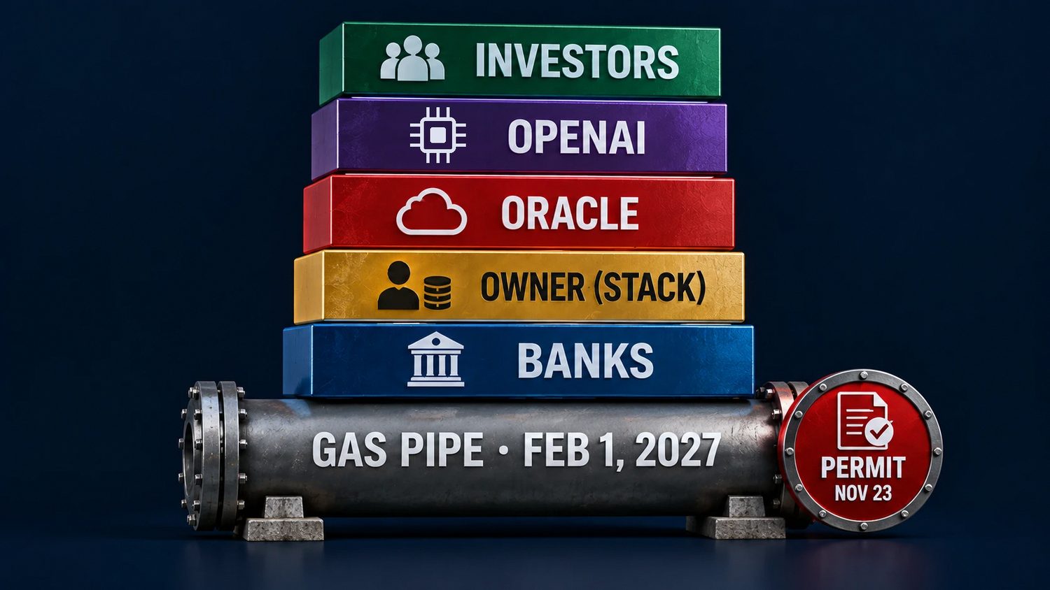 Five colored layers stacked on a gas pipe labeled February 1, 2027 with a permit stamp for November 23.
