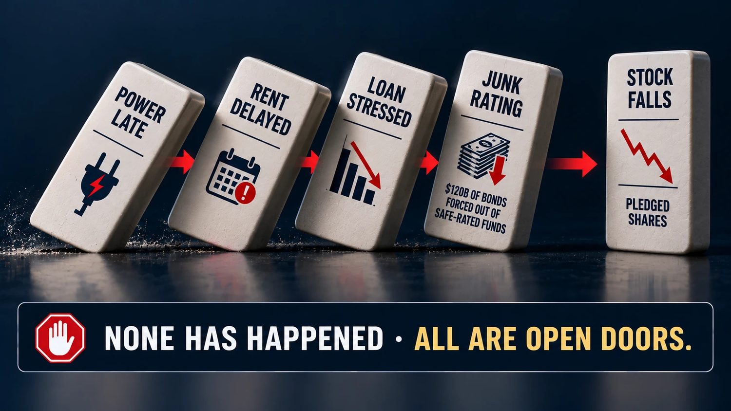 Five dominoes falling in a row labeled power late, rent delayed, loan stressed, junk rating, stock falls, with the words none has happened, all are open doors.