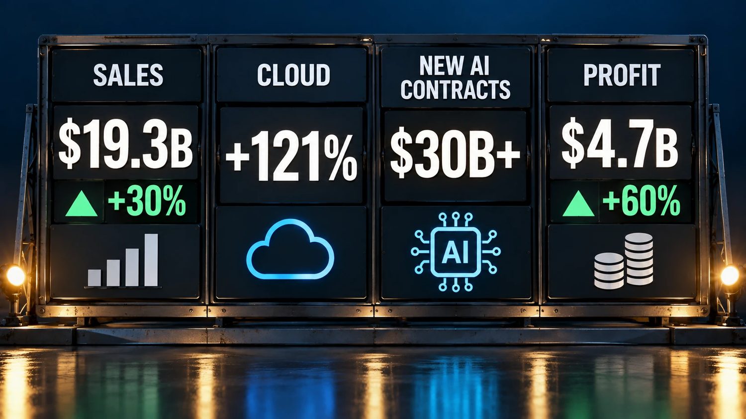 A scoreboard: sales 19.3 billion dollars up 30 percent, cloud up 121 percent, new AI contracts over 30 billion dollars, profit 4.7 billion dollars up 60 percent.