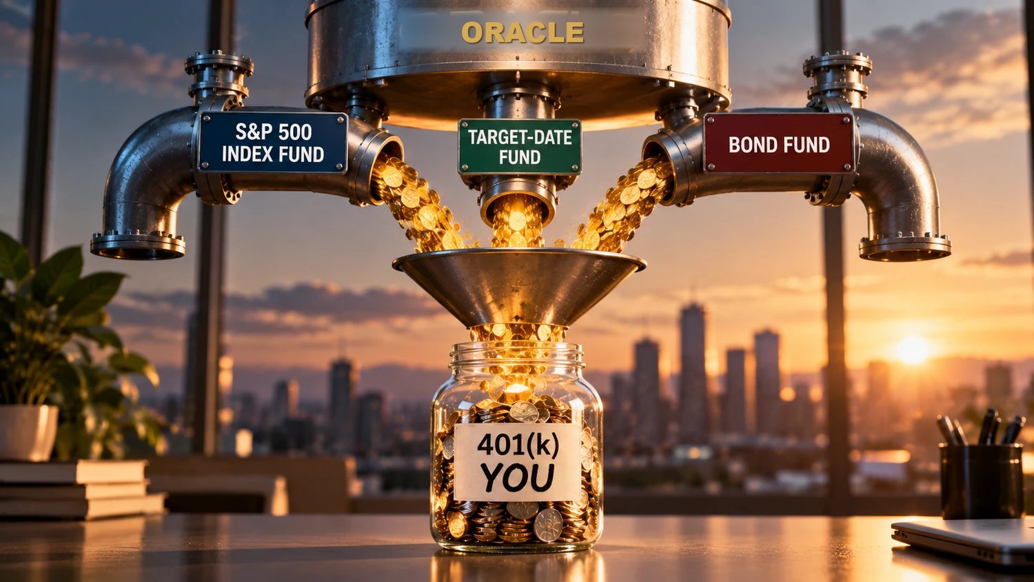 Three pipes labeled S&P 500 index fund, target-date fund and bond fund pour Oracle coins into a jar labeled 401(k) you.