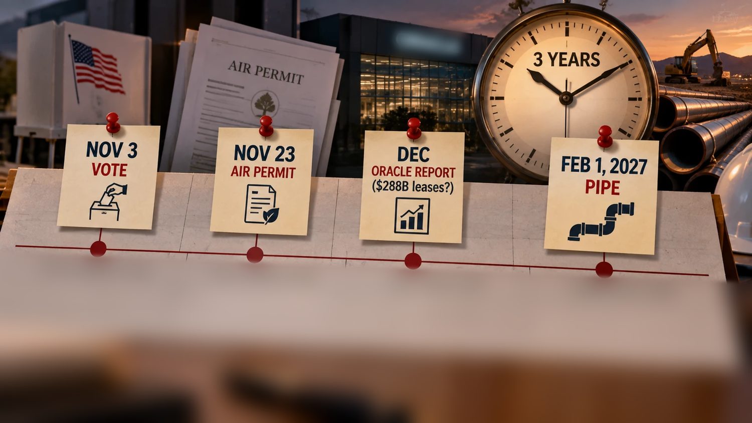 A desk calendar with four pins: Nov 3 vote, Nov 23 air permit, December Oracle report, Feb 1 2027 pipe, and a clock reading 3 years.