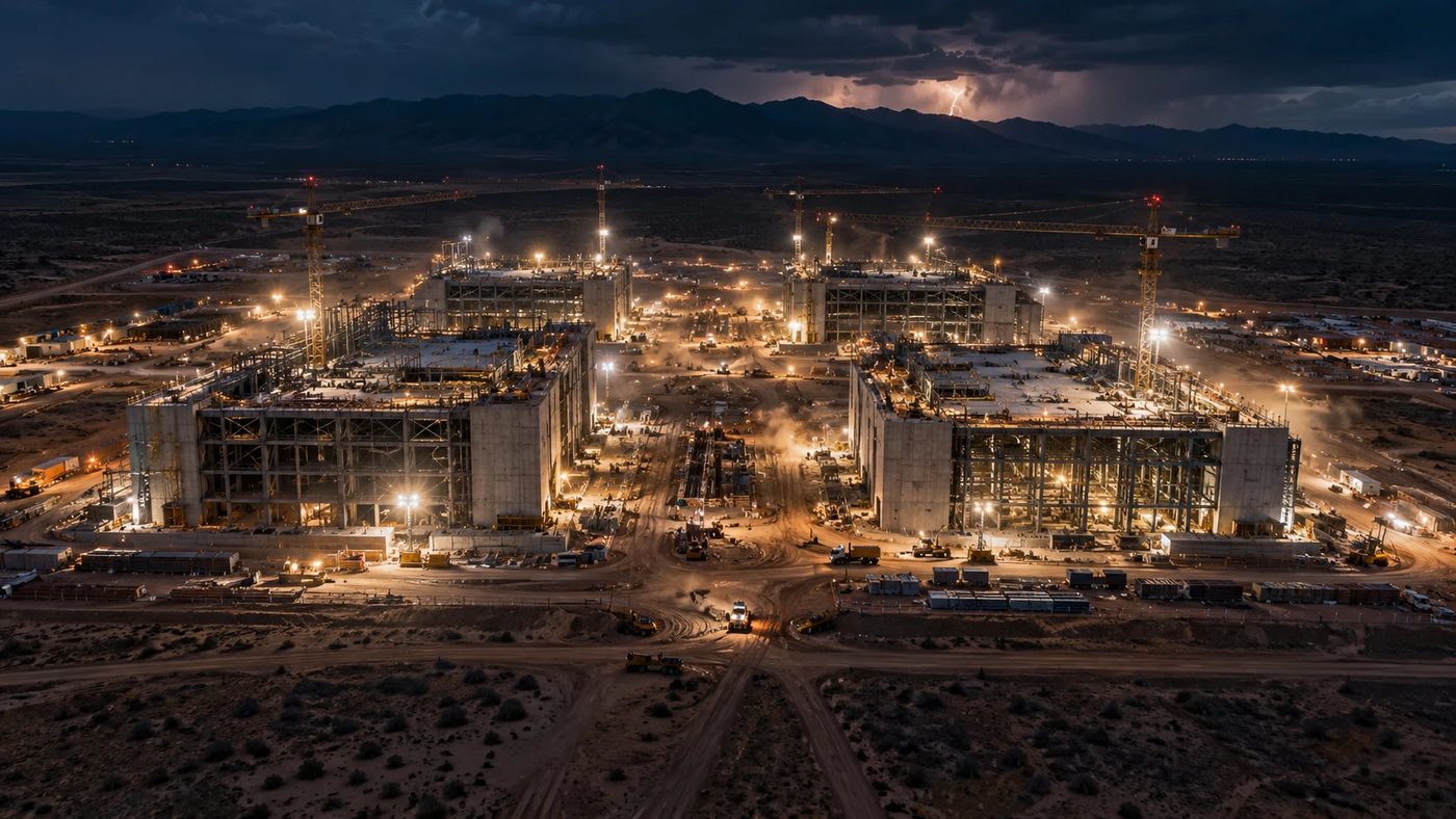 Aerial night view of a huge data center construction site in the desert with cranes and floodlights.
