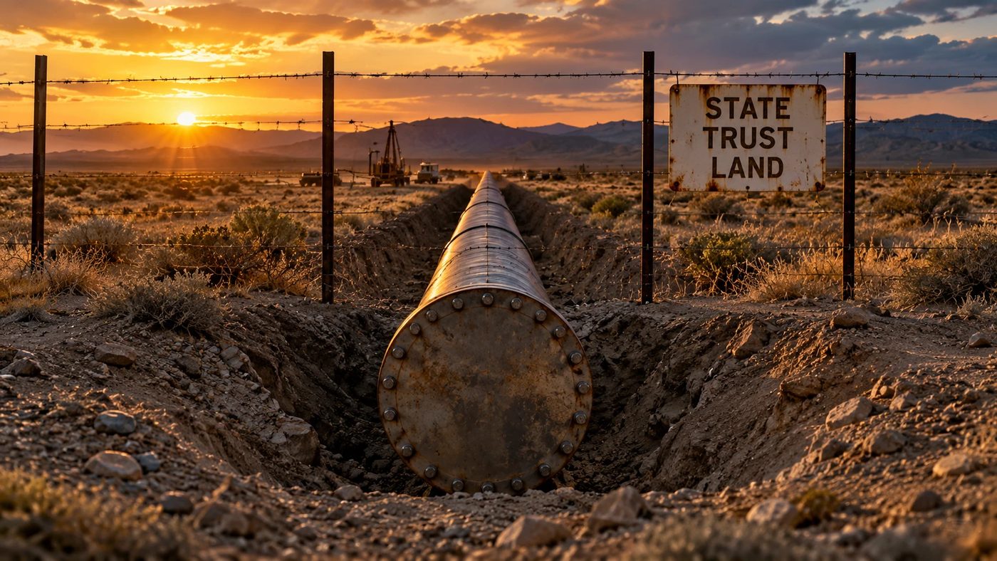 A wide steel gas pipe in a desert trench ending at a barbed-wire fence with a sign reading state trust land.