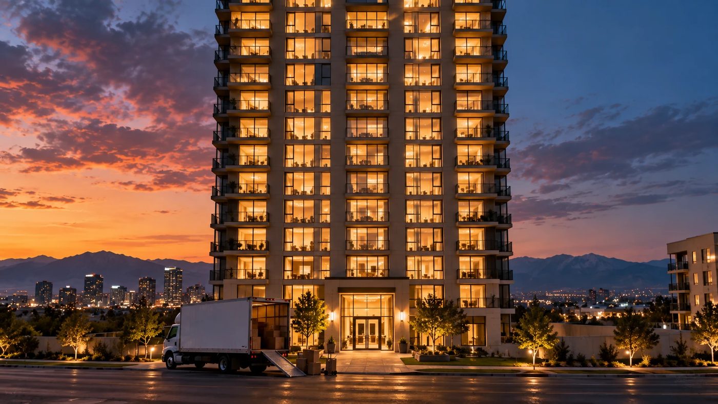 A tall apartment tower at dusk with every window lit and one moving truck at the front door.