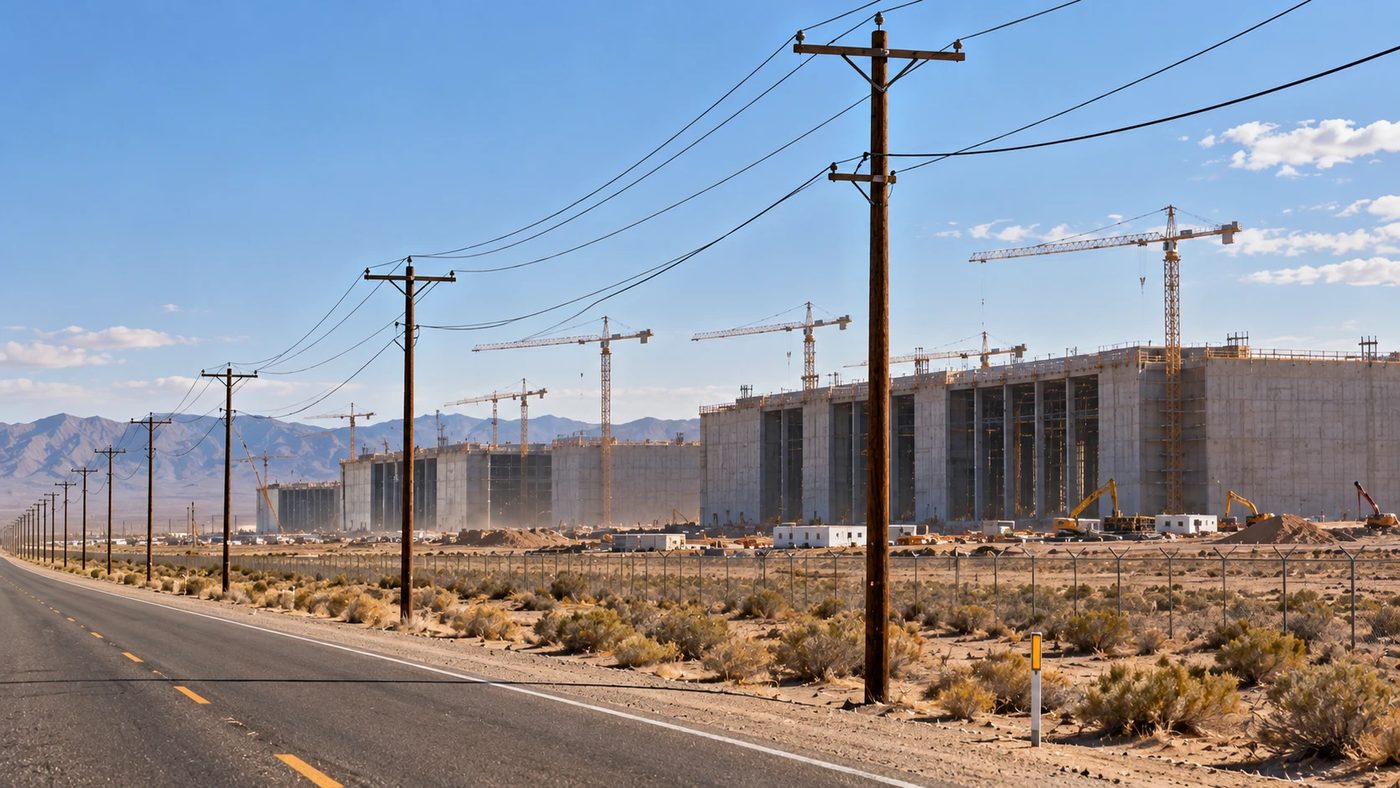 Thin wooden power poles along a desert road with the giant half-built data center buildings behind them.