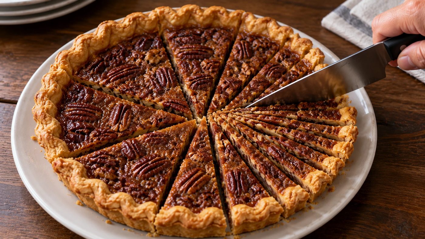 A pie on a plate being cut into many thin slices with a knife.