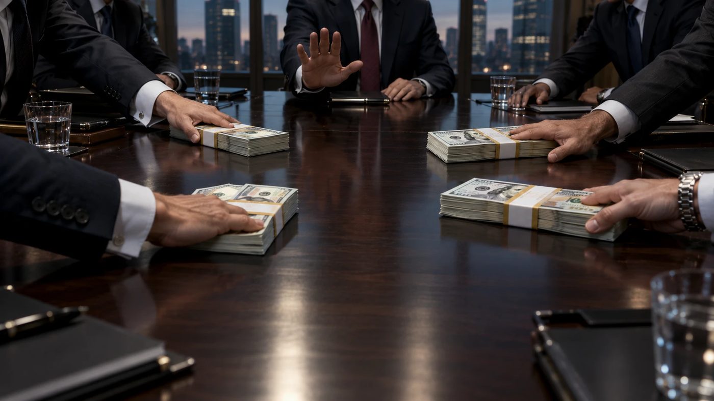 Investors in suits at a long boardroom table sliding stacks of cash toward the center, one hand stopped mid-slide.