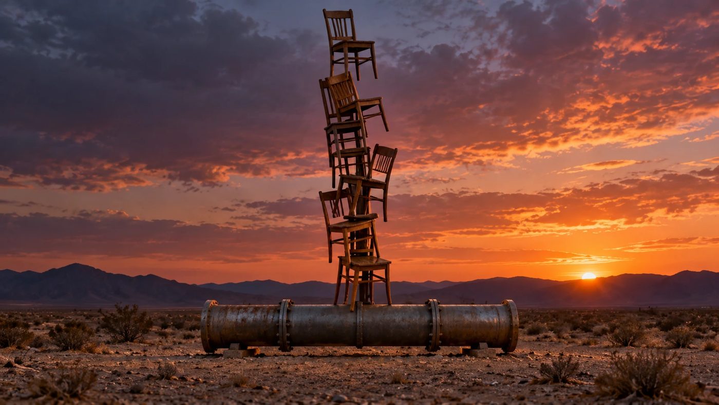 A tall tower of stacked wooden chairs balanced on a single steel pipe lying in the desert at sunset.
