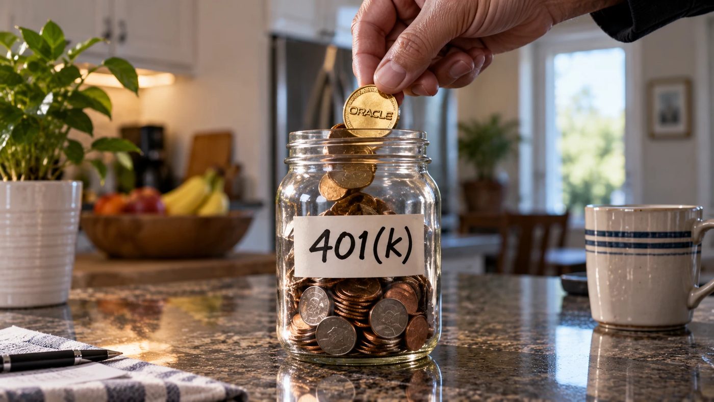 A hand dropping a gold coin stamped Oracle into a glass jar labeled 401(k) on a kitchen counter.