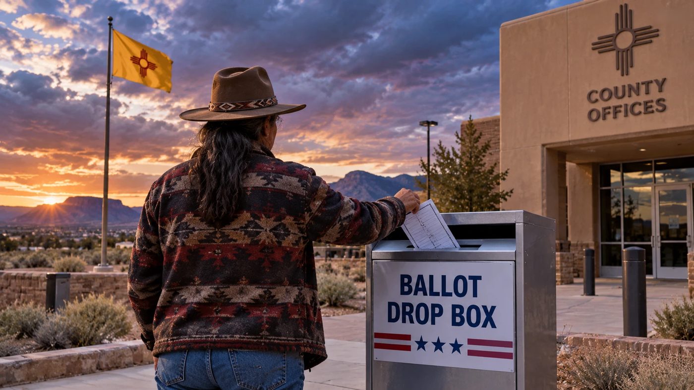 A voter seen from behind dropping a ballot into a ballot drop box outside a county office.