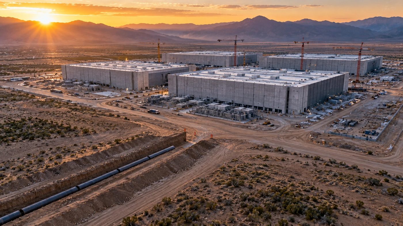 The Jupiter site from the air at dawn, cranes still, and a pipe trench ending before it reaches the buildings.