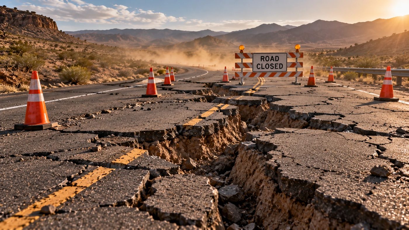 A desert highway split by an earthquake crack with orange cones and a road-closed barrier.