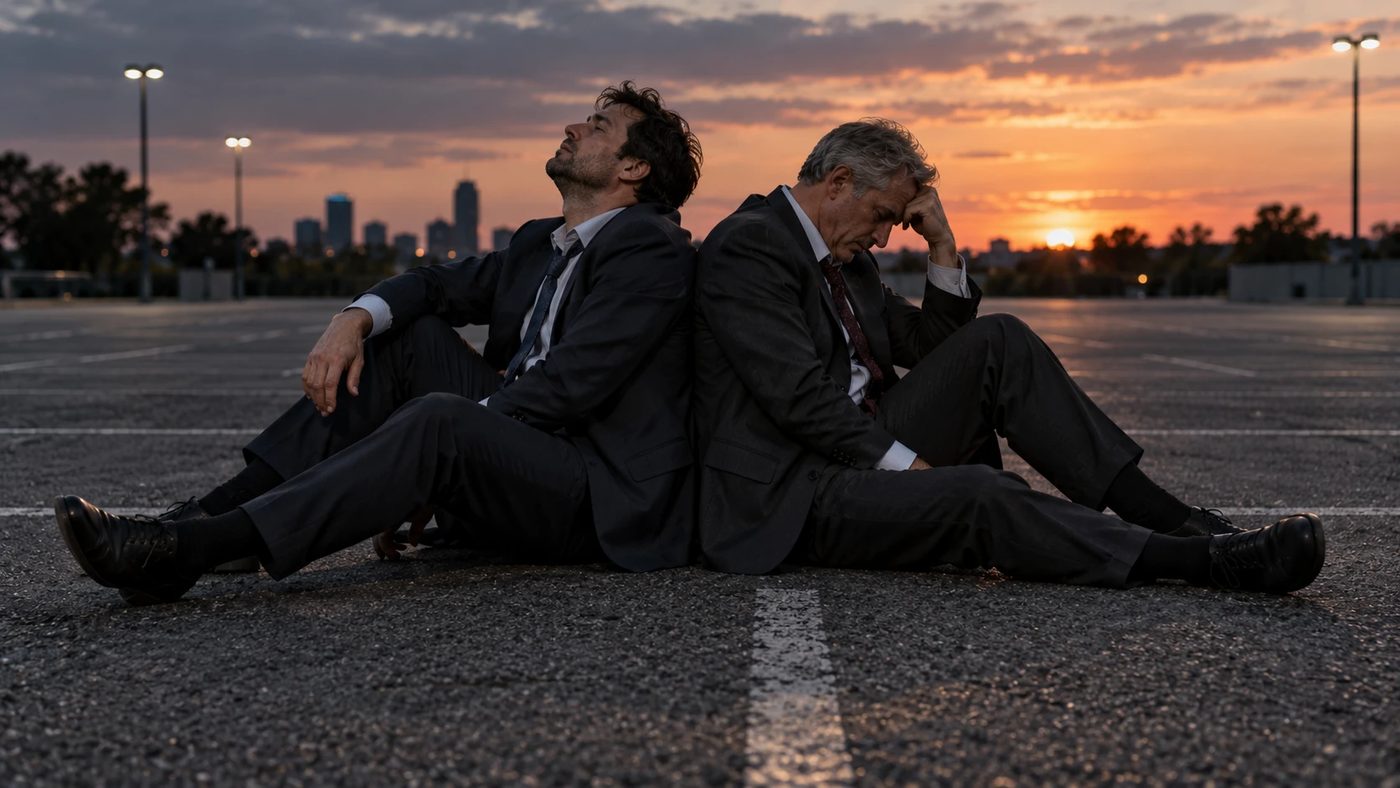 Two tired men in suits sitting back to back on an empty parking lot at dusk, each holding the other up.