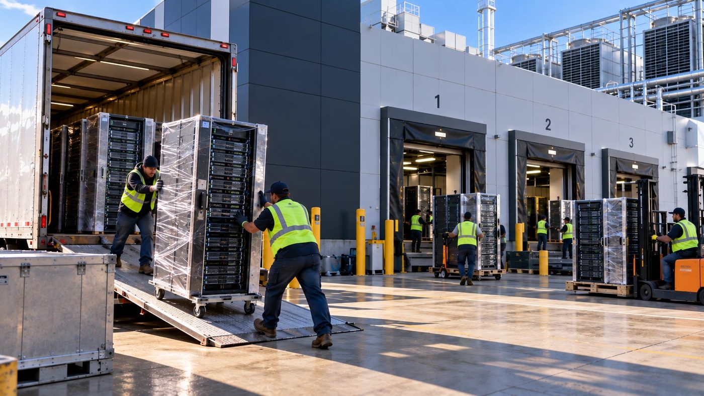 Workers rolling new server racks off a truck at a busy data center loading dock in morning light.