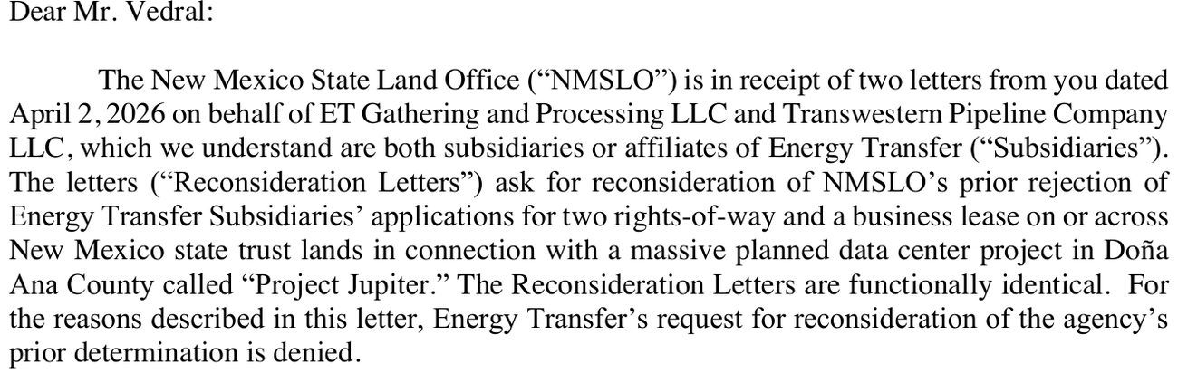 The opening paragraph of the New Mexico State Land Office letter to Energy Transfer.