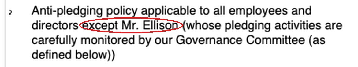 A bullet from Oracle's proxy statement reading anti-pledging policy applicable to all employees and directors except Mr. Ellison, with those words circled in red.