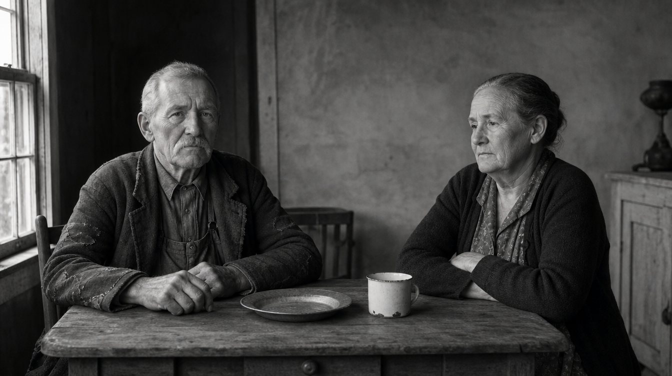 An elderly couple sitting at a bare kitchen table in a black and white scene