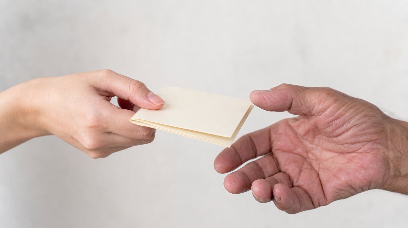 One hand passing a blank slip of paper to an older, open hand