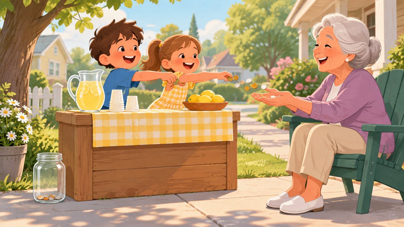 Two children hand coins from a lemonade stand to their grandmother while a nearly empty jar sits to one side
