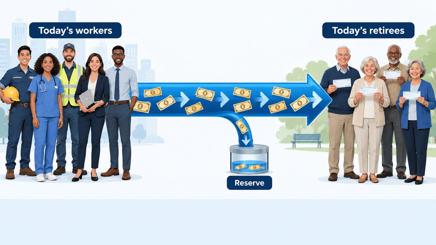 Working people on the left and retired people on the right with an arrow of money between them and a small tank underneath