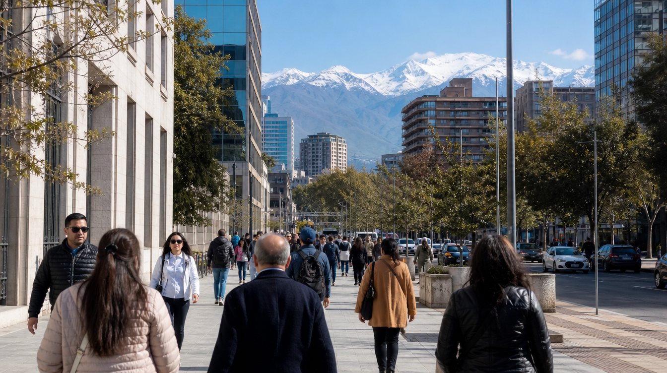 People walking on a busy street in Santiago, Chile, with snowy mountains behind