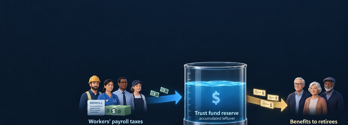 Workers paying payroll taxes into a savings tank that pays benefits to retirees