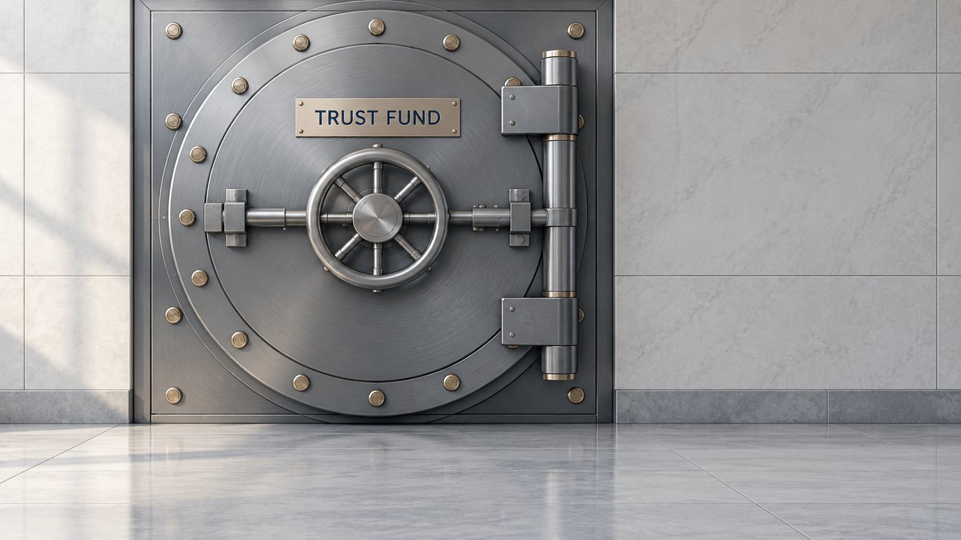 A closed steel vault door stamped TRUST FUND