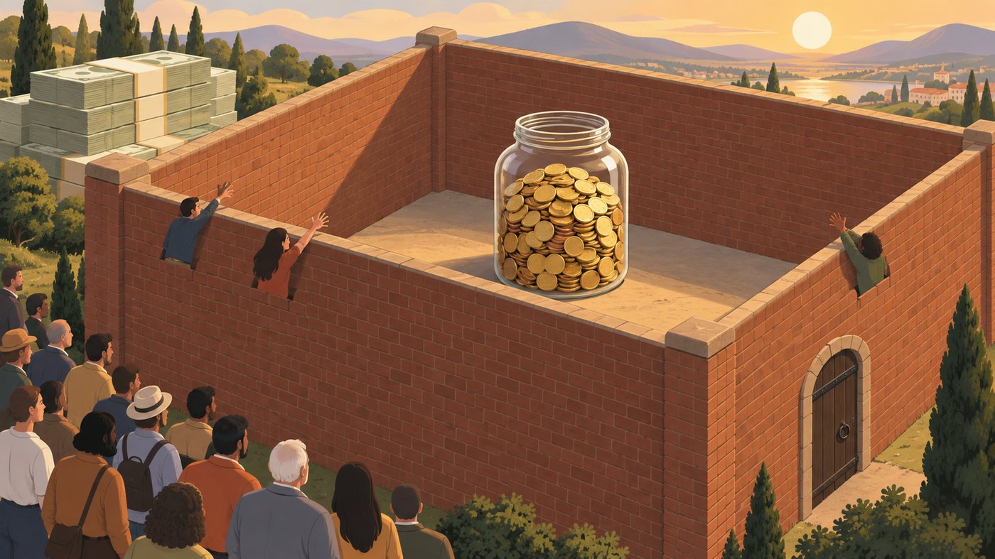 A jar of coins protected inside a tall brick wall while people and money wait outside